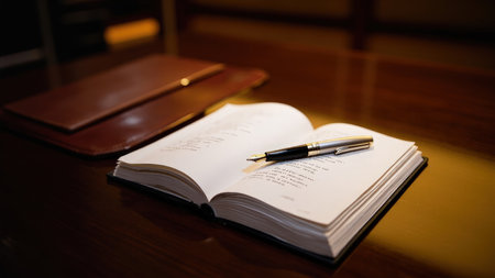 Capture the essence of elegant study and creative planning with this detailed close-up. An open notebook filled with handwritten notes rests on a rich, dark wooden desk, alongside a sophisticated fountain pen. The warm tones and soft light create a vintage aesthetic, ideal for author imagery, writing projects, or illustrating business concepts. This image is perfect for use in education, design, lifestyle blogs, and projects seeking a touch of classic luxury and inspiration. The copy space invites versatility.の素材