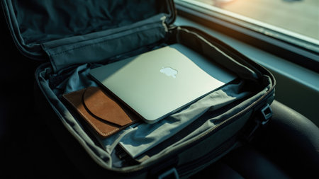 A modern workspace unfolds in this close-up shot, featuring a MacBook laptop and a brown leather wallet nestled in a bag, set against the backdrop of a sunlit window sill. This image captures the essence of travel and the modern professional lifestyle. Perfect for illustrating concepts of work from anywhere, digital nomadism, or the convenience of portable technology, the photo appeals to businesses, freelancers, and individuals on the go, highlighting the seamless integration of technology and personal accessories.の素材