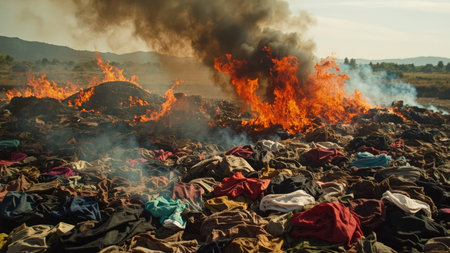 A raging landfill fire emits toxic smoke and fumes, representing severe environmental damage and pollution. This striking image captures the destructive impact of burning clothes and waste in a natural environment, highlighting the danger of improper waste management. The burning trash heap illustrates the environmental crisis caused by textile disposal and its contribution to climate change and global warming. This photograph is ideal for illustrating articles about air pollution, hazardous waste, and the need for sustainable practices.の素材