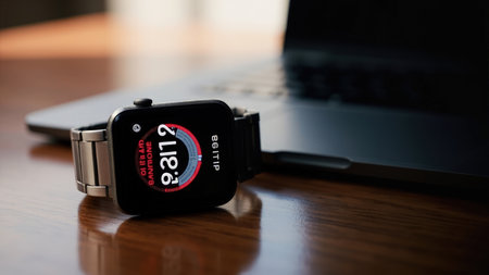 A close-up showcases a modern smartwatch alongside a laptop, elegantly arranged on a wooden desk. This image emphasizes the intersection of technology and connectivity, highlighting a sleek wearable device with a vibrant digital display. The scene evokes a sense of a contemporary workspace, perfect for illustrating concepts like lifestyle, healthcare, or communication. Ideal for use in articles, websites, and marketing materials related to smartwatches, gadgets, and tech accessories, it focuses on design, features, and user experience, showcasing how these smart devices connect you with the world.の素材