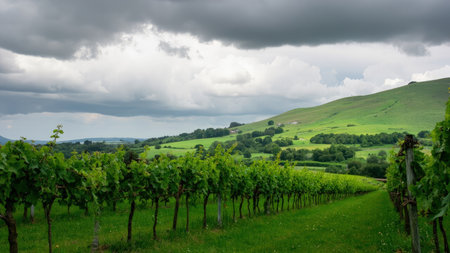 Experience the beauty of a sun-drenched vineyard landscape under a dramatic, cloudy sky. Lush green grape vines stretch across rolling hills, showcasing the essence of winegrowing. This stunning scene captures the heart of agriculture and viticulture, ideal for illustrating tourism brochures, travel websites, or wine-related marketing materials. The vibrant green foliage and the impressive storm clouds create a captivating blend of scenic nature and rural charm, portraying the serenity of the countryside and the promise of a bountiful harvest, offering a truly serene vista.の素材