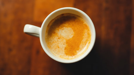 A warm, inviting image presents an overhead view of a freshly brewed coffee in a white cup set on a wooden table. The espresso is a rich brown, hinting at a bold aroma. This macro, close up shot captures the fresh liquid, suggesting a perfect morning beverage for breakfast. The rustic wood background adds a natural texture, making this image ideal for cafe menus, websites, or articles about coffee, caffeine, and calm moments of relaxation.の素材