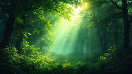 Experience the captivating beauty of a sun-drenched forest. This image showcases sunlight dramatically piercing through the verdant canopy of towering trees, creating mesmerizing beams and rays of light. A misty and dreamy atmosphere permeates the woods, evoking a sense of tranquil serenity. Perfect for projects related to nature, environment, and landscape design, this scene of vibrant foliage and a hidden path invites viewers into a peaceful woodland escape, ideal for conveying themes of summer freshness, spring renewal, and the beauty of the outdoors.の素材