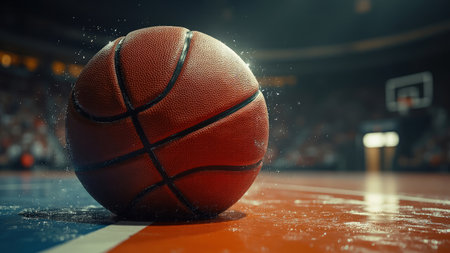 A captivating close-up reveals the intricate textured details of a basketball on a vibrant court. This image showcases the iconic orange leather ball, emphasizing its construction amidst an arena atmosphere. Perfect for sports-related projects, this professional shot captures the essence of competition and game day. Ideal for marketing materials, website content, or editorial use, the image evokes the excitement of a match, tournament, or championship. Keywords include basketball, court, sports, and athletic action.の素材