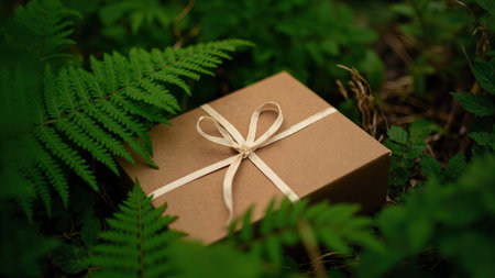 A beautifully wrapped gift sits elegantly, showcasing eco-friendly practices. The package, secured with a delicate ribbon, is wrapped in rustic kraft paper and adorned with fresh, natural greenery. This image is perfect for conveying themes of sustainable gifting, outdoor celebrations, or organic product packaging. The minimalist aesthetic and earth-tone palette make it ideal for spring and summer-themed content, including birthday, wedding, and holiday promotions.の素材