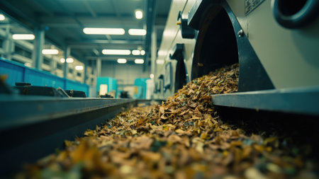 A low-angle, detailed shot captures the industrial processing of dried leaves as they cascade onto a conveyor belt within a processing plant. This image highlights the autumn and fall leaves after the harvest season. The scene features industrial equipment dedicated to leaves processing, suggesting waste management and recycling of plant waste and raw materials. The natural, organic details create a unique image suitable for content related to sustainable practices, manufacturing, and material handling.の素材