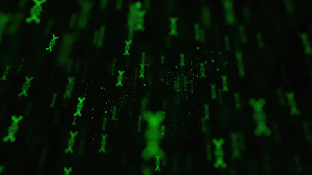 A visually striking 3D render showcases a dynamic, green chromosome, ideal for science education and biology-related projects. This conceptual illustration features a glowing, blurred particle effect, emphasizing the intricate structure of DNA and the double helix. Perfect for medical, research, and educational applications, this graphic highlights genetic information, human biology, and cellular processes. Use it in presentations, educational materials, or website design to convey complex scientific concepts with a modern, engaging design. The keywords include chromosome, DNA, gene, and medical concepts.の素材