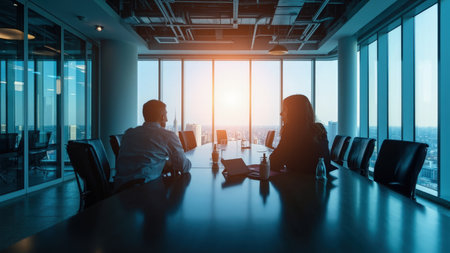 Two business professionals engage in collaboration within a modern conference room, bathed in sunlight streaming through expansive windows, offering a breathtaking city skyline view. The high-angle, wide shot captures a boardroom meeting in progress, highlighting focused teamwork and discussion. Ideal for illustrating corporate strategy, planning, or presentation visuals, the image conveys professionalism, success, and leadership in a contemporary workplace. It underscores the importance of communication, decision-making, and partnership in achieving business goals.の素材