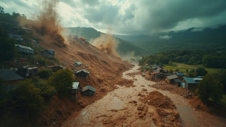 An aerial view captures the devastating impact of a massive mudslide as it obliterates a remote village nestled in a mountainous landscape. Under ominous, stormy skies, the natural disaster has caused widespread destruction, leaving homes and houses in ruins. This image powerfully depicts the catastrophe, highlighting the debris and erosion resulting from the flood and flooding. Ideal for illustrating climate change impacts, risk management scenarios, and emergency situations, the photograph conveys the tragedy and devastation caused by extreme weather and environmental damage.の素材