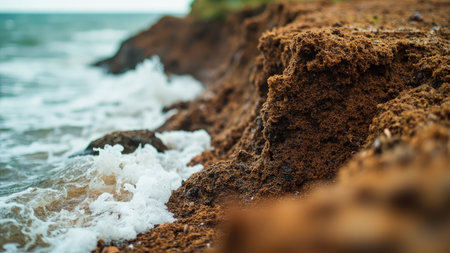 Dramatic close-up captures the raw power of coastal erosion along a rugged coastline. A weathered, brown cliff face, deeply textured and crumbling, battles the relentless waves of the turbulent ocean. Breaking waves create foamy spray and foam against the shoreline. This striking landscape scene highlights the forces of nature and is ideal for illustrating articles on geology, environment, or the impact of sea-level changes. It is perfect for adding visual impact to scientific reports, educational materials, and environmental awareness campaigns.の素材