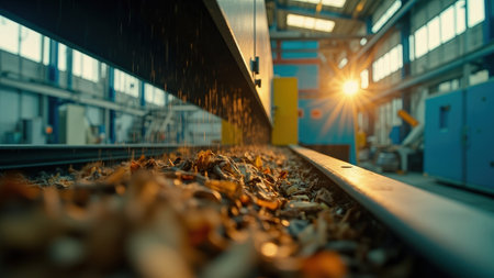 Sunlight illuminates a factory machine meticulously processing wood, creating a dynamic scene filled with floating sawdust particles. This detailed macro image showcases the industrial manufacturing process, highlighting the close-up view of the machinery and the natural material. Ideal for projects related to carpentry, woodworking, sustainable building, or industrial production, the image provides a realistic and professional representation of a modern workshop environment. The bright and clean aesthetic underscores the efficiency and precision within the timber processing industry.の素材