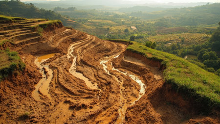 Scenic views of terraced rice fields in rural Vietnam showcase the challenges of agriculture. After heavy rain, the hillside terraces display erosion and flooding, revealing the impact of water on the soil. This image captures the beauty and vulnerability of farming in Southeast Asia. Itの素材