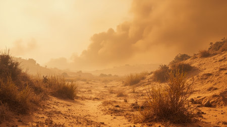 Explore the breathtaking beauty of a desert landscape, where towering sand dunes meet a vast sky filled with dramatic clouds. This image showcases the stark beauty of an arid and dry wilderness environment. Delicate plants punctuate the sand, adding a touch of life to this desolate scene. Perfect for illustrating travel destinations, the impacts of climate change, or the challenges of a drought, the scenic view captures the atmospheric conditions of a warm day, possibly at sunrise or sunset during the golden hour, with dust and haze adding a...の素材