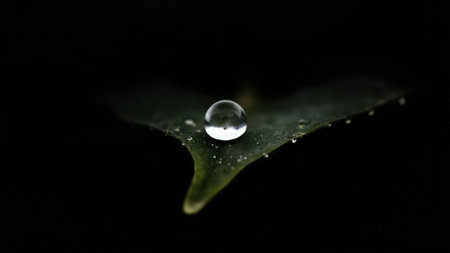A stunning close-up reveals a single, glistening water droplet suspended delicately on a vibrant green leaf, set against a stark black background. The macro photography captures the crystal clear, transparent quality of the water, emphasizing purity and freshness. This image beautifully showcases the detail of nature, perfect for evoking serenity and calm. Ideal for use in projects related to botanical themes, environmental awareness, or minimalist design, this photo conveys a sense of tranquility and the beauty of the natural world.の素材