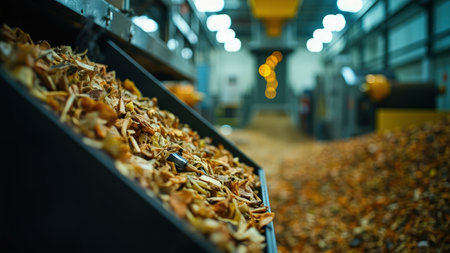 Inside an apple processing plant, a conveyor belt transports a continuous stream of dried apple slices. This industrial scene showcases the efficiency of food processing and manufacturing. The image highlights the technology used in a factory setting to produce healthy snacks. Featuring a closeup of the brown, dried fruit, this photo captures the natural ingredients used in an organic and delicious treat, useful for illustrating concepts of agriculture, healthy eating, or the autumn harvest.の素材