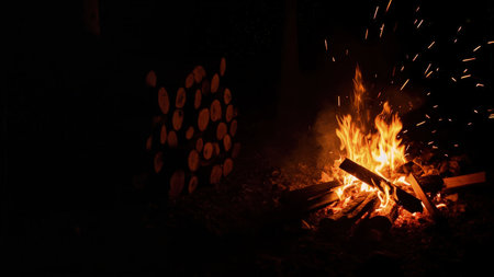 Experience the captivating warmth of a nighttime campfire. This stunning close-up showcases glowing embers amidst a stack of wood logs, their flames dancing into the dark night. The scene evokes feelings of cozy comfort and calm in the outdoor setting. Perfect for illustrating camping, adventure, travel, or relaxation. Capture the rustic ambiance of nature and the burning fire for your next project, emphasizing the light and heat of a bonfire in the wilderness.の素材