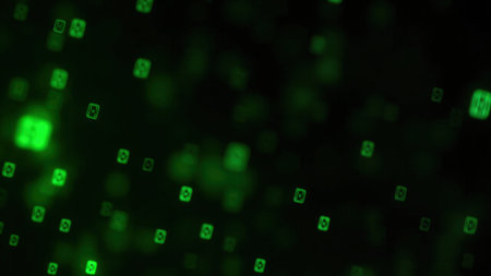 Dynamic green, glowing particles dance against a deep dark background, creating a mesmerizing abstract digital design. This futuristic illustration features bokeh effects, highlighting the vibrant light and energy emanating from the geometric shapes. Ideal for visualizing science, technology, and data concepts, this modern and creative visual also suggests cyberspace, networks, and space. Its flowing movement and bright neon hues make it perfect for website backgrounds, presentations, or artistic projects.の素材