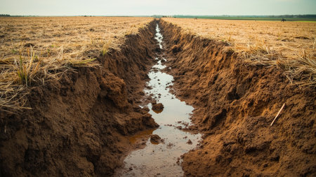 Erosion scars a rural agricultural scene, where a drainage ditch cuts through farmland on a cloudy day. The muddy soil reveals the impact of water and potential drought, highlighting environmental concerns within this countryside landscape. This image depicts the effects of erosion on earth, showcasing the brown dirt texture of the ground. Useful for illustrating agriculture challenges, conservation efforts, or the impact of climate change on farming practices within the agriculture industry.の素材