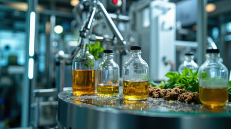 Detailed close-up showcases laboratory glassware filled with colorful liquids and fresh herbs within a state-of-the-art pharmaceutical research facility. This image highlights the intersection of science and medicine, emphasizing herbal and natural elements. The professional setup suggests cutting-edge technology utilized in pharmaceutical production and manufacturing. Ideal for illustrating concepts in alternative medicine, health, and healthcare research, this image also conveys the precision of scientific experiment with a subtle bokeh background.の素材
