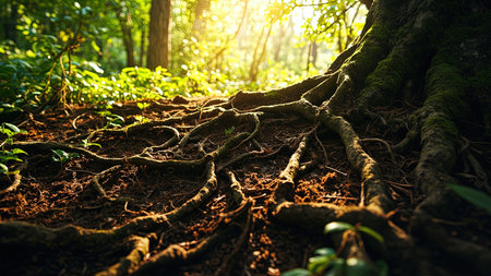 Sunlight streams through a vibrant summer forest, illuminating a breathtaking display of massive tree roots sprawling across the woodland floor. The intricate root system, detailed in a close-up view, showcases the raw, earthy texture of the wood and the natural beauty of the forest ecosystem. This stunning landscape, bathed in sunshine, highlights the organic growth and offers a sense of serenity and tranquility. Ideal for illustrating concepts of nature, environment, and ecology, this image is perfect for educational materials, travel blogs, and environmental publications.の素材
