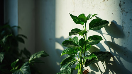 A vibrant, green houseplant flourishes in a sunlit interior, its lush leaves casting dramatic shadows across a pristine white wall. This close-up still life composition captures the natural beauty and intricate texture of the botanical specimen. Bathed in sunlight, the image highlights a sense of peaceful tranquility and minimalist aesthetic. Ideal for illustrating home decor, lifestyle, or interior design concepts, the image evokes a feeling of fresh, clean elegance and organic beauty.の素材
