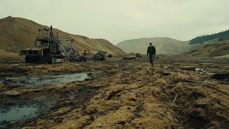 A lone man traverses a desolate landscape scarred by post-apocalyptic devastation.  The barren terrain is littered with abandoned machinery, including a rusted excavator, hinting at industrial destruction and environmental decay.  Under a cloudy, overcast sky, the man's solitary journey evokes themes of survival, isolation, and the bleak aftermath of a catastrophic event. This moody image is ideal for illustrating concepts of climate change, dystopia, and the human spirit's resilience.の素材