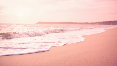 Immerse yourself in the serene beauty of a sunset over the ocean. This image captures the essence of tranquility with its pastel pink hues painting the sky and reflecting on the wet sand. Gentle waves lap the shore, creating a peaceful atmosphere. This beach scene, perfect for vacation or holiday themes, offers a scenic landscape ideal for travel blogs, social media content, or adding a touch of calm to any design, evoking feelings of summer and aesthetic beauty.の素材