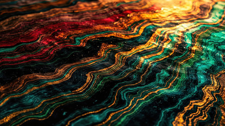 Dive into a world of luxurious artistry with this stunning abstract fluid marble texture. This design showcases an elegant interplay of deep emerald green, shimmering gold, and vibrant ruby red hues, creating a captivating visual experience. The swirling, flowing pattern evokes the beauty of precious gemstones and offers a modern, artistic backdrop perfect for use as a sophisticated wallpaper, website background, or graphic design element. Elevate your creative projects with this unique and eye-catching texture.の素材