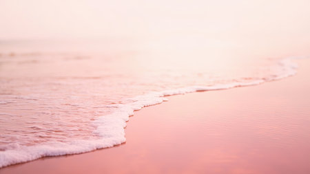 Experience the breathtaking beauty of a pink sand beach bathed in the soft light of sunrise or sunset. Gentle waves lap the coast, creating a serene and tranquil atmosphere. This stunning image showcases a delicate pastel gradient where the pink hues of the sand meet the calming ocean. Ideal for backgrounds, abstract designs, or evoking feelings of peaceful vacation and travel, this photograph captures the essence of summer serenity by the seaside. A truly natural and minimal visual for various creative projects.の素材