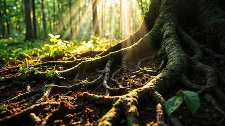 Explore the enchanting beauty of the forest floor in this stunning image. Sunlight streams through the trees, illuminating intricate tree roots and the vibrant green of the undergrowth. This detailed close-up captures the essence of a healthy forest ecosystem, showcasing the natural growth and organic textures of leaves and earth. Perfect for illustrating articles on botanical studies, environmental conservation, or adding a touch of tranquility to any design, this serene landscape evokes feelings of peace and natural beauty.の素材