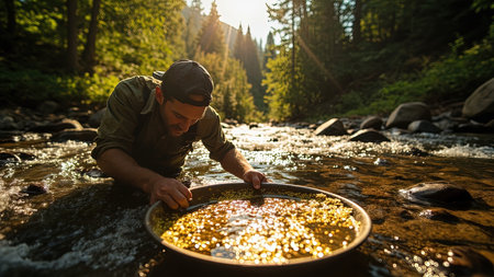 A dedicated gold prospector meticulously pans for gold in a rushing mountain stream. Sunlight filters through the forest canopy, illuminating the water as he searches for valuable gold nuggets. This image captures the essence of the gold rush era, perfect for illustrating concepts of mining, treasure, wealth, and discovery. Ideal for use in articles about adventure, exploration, or historical topics, this photograph evokes a sense of the outdoors and the pursuit of riches.の素材