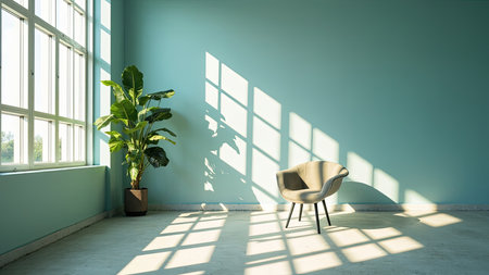 Experience the calming ambiance of a minimalist room interior bathed in soft sunlight. This modern and stylish space features a striking green wall, a comfortable chair, and a strategically placed window that casts intricate shadow patterns. The empty room, with its neutral palette and airy feel, exudes peaceful energy. Perfect for illustrating concepts of home design, decor, interior architecture, or representing a tranquil living room setting with an aesthetic appeal.の素材