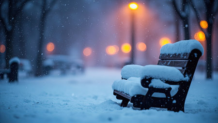 A solitary wooden bench sits nestled in a snow-covered park, illuminated by the warm glow of street lights at dusk. This serene winter scene captures the essence of a quiet evening, with softly falling snow and a tranquil atmosphere. The image features a beautiful bokeh effect created by the lights, enhancing the cozy and peaceful mood. Ideal for projects evoking winter, nature, or urban landscapes, this image is perfect for websites, marketing materials, and seasonal promotions.の素材