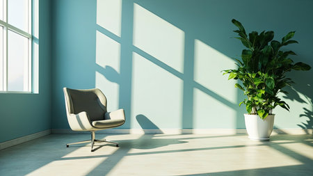 A modern and minimalist interior showcases an empty teal wall, accented by a stylish armchair and a vibrant green plant. Geometric sunlight shadows create an abstract design, adding depth and visual interest to the bright and clean living room. This image offers a sense of calm and serenity, perfect for illustrating concepts of home decor, design, or creating a sense of relaxation. Ideal for websites, advertisements, or editorial content needing a contemporary aesthetic.の素材