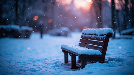 A tranquil winter scene unfolds in this image, showcasing a wooden bench blanketed in snow within a pristine park. The evening light casts a warm glow, enhanced by soft bokeh in the background. Delicate falling snow and a sense of solitude contribute to the dreamy atmosphere. Ideal for conveying peace, calm, and the beauty of winter landscapes, this image is perfect for websites, articles, and marketing materials related to the wintertime and the outdoors. Capturing the essence of a frozen moment in nature, it evokes a sense of tranquil...の素材