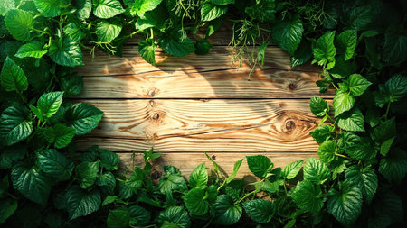 A rustic wooden background is beautifully framed by vibrant, fresh green leaves, creating a natural and organic aesthetic. This image showcases a textured wood grain surface with a blank copy space, perfect for adding text or design elements. Ideal for eco-friendly and botanical themed projects, the photograph evokes feelings of spring and summer. Use this versatile image for website backgrounds, product displays, or any design requiring a touch of nature.の素材