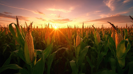 Witness a breathtaking sunset painting the sky above a sprawling cornfield. This image captures the essence of agriculture and farming, showcasing the beauty of the harvest during the golden hour. The vibrant colors of the sunset blend with the rich tones of the corn, creating a stunning landscape. Ideal for illustrating themes of nature, rural life, food production, and growth, this photograph can be used in editorials, marketing materials, or website content related to sustainable farming practices and the organic food industry.の素材