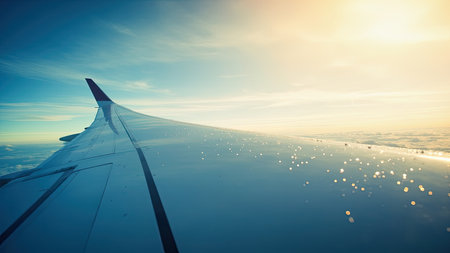 Experience the awe-inspiring beauty of air travel with this image capturing an airplane wing against a stunning backdrop. The photograph showcases a captivating perspective of the wing during flight, set against a vibrant sky filled with dramatic clouds illuminated by the golden hour sunlight. Perfect for travel and aviation projects, this image evokes feelings of adventure, freedom, and tranquility. Ideal for use in advertising, websites, or social media content related to travel, vacation, and the joys of flight.の素材