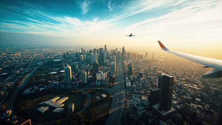 Soar above the bustling cityscape in this stunning aerial view. Captured under the warm sunlight, a modern city skyline unfolds, showcasing impressive architecture, skyscrapers, and a vibrant downtown area. An airplane gracefully traverses the sky, adding a dynamic element to the panoramic view. This image is perfect for illustrating travel, business, and commercial aviation themes, and is ideal for use in marketing materials, travel brochures, and websites focused on global destinations and urban landscapes.の素材
