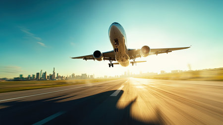 Witness the thrill of adventure as an airplane takes off at dawn, soaring above a vibrant cityscape. This captivating image captures the essence of air travel, featuring a modern aircraft ascending from the runway against a backdrop of the rising sun and dramatic clouds. The city skyline hints at exciting destinations and international travel, perfect for illustrating concepts of tourism, business, vacation, and the feeling of freedom and journey. Utilize this dynamic visual to enhance your content on travel, aviation, or global transportation themes.の素材