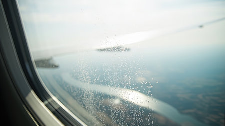 Experience the breathtaking beauty of the world from above with this stunning aerial view. Captured through an airplane window, the photograph showcases a serene river winding its way through a vibrant landscape under a clear sky. Water droplets on the glass create a unique, blurred effect, adding an artistic touch. This image is perfect for travel, tourism, and adventure themes, ideal for illustrating journey, flight, or destination concepts. Use this scenic view to evoke feelings of freedom and tranquility.の素材