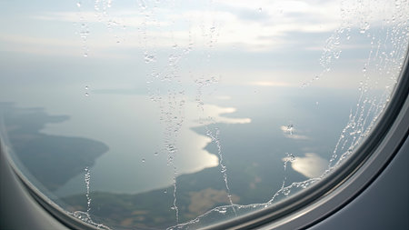 Capture the essence of travel with this stunning aerial view through a wet airplane window. Droplets of condensation cling to the glass, blurring the landscape and adding a unique perspective to the scene. The image showcases a breathtaking view from above, featuring a beautiful landscape with a lake and coastline under a clear sky. Perfect for travel photography, aviation, or illustrating concepts like journeys, vacations, or air travel experiences. The focus is on the foreground detail, including the water droplets, creating a dramatic and memorable image.の素材