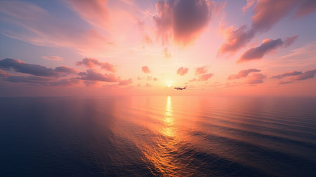 Witness the breathtaking beauty of a sunset as an airplane gracefully flies over the ocean. This stunning silhouette captures the drama of dusk against a vibrant sky of orange and pink hues. The reflection of the sunlight on the water creates a scenic and peaceful landscape, ideal for travel and tourism projects. Evoking feelings of freedom and serenity, this image is perfect for illustrating voyage, aviation, and vacation themes.の素材