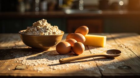 A rustic wooden table sets the scene for a beautiful arrangement of baking ingredients bathed in warm sunlight. This close-up still life showcases flour, eggs, and cheese alongside a wooden spoon and bowl, evoking a cozy farmhouse kitchen. Perfect for culinary projects, recipes, and food blogs, this image captures the essence of home cooking. The warm tones and textural details highlight the natural and organic qualities of these key baking ingredients, ideal for breakfast, lunch, or dinner content.の素材