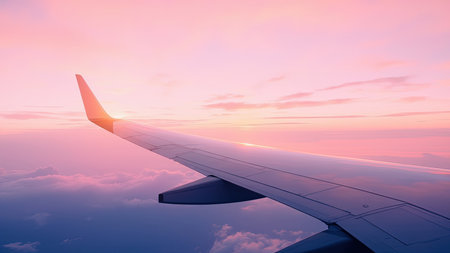 Witness the breathtaking beauty of air travel with this stunning image of an airplane wing silhouetted against a vibrant sunset sky. The clouds are painted with hues of pink, purple, and orange, creating a scenic panorama that evokes feelings of freedom and adventure. Ideal for illustrating travel brochures, vacation promotions, or adding an aesthetic touch to any project related to aviation, flight, or dream destinations. Capture the essence of a peaceful journey with this beautiful and tranquil composition.の素材