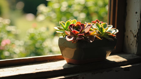 A vibrant succulent plant thrives in a ceramic pot, perfectly placed on a weathered wooden window sill. Bathed in natural sunlight, the scene showcases the plant's intricate details against a soft green bokeh background. This image captures the essence of home decor, offering a fresh and organic aesthetic ideal for illustrating lifestyle articles, garden blogs, or adding a touch of tranquility to interior design projects. The play of light and shadow enhances the beauty of this botanical masterpiece.の素材