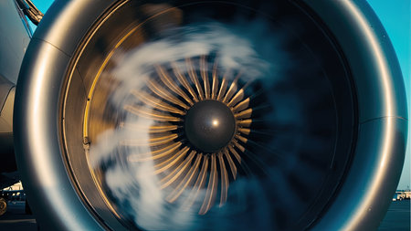 A mesmerizing close-up showcases the intricate details of a powerful jet engine. The image highlights spinning fan blades within the turbine, contrasted by visible vapor and exhaust plumes. This metallic marvel of aviation embodies technology and power, perfect for illustrating air travel, commercial aviation, engineering, or aerospace concepts. Capture the essence of flight and transportation with this dynamic and detailed shot of airplane propulsion.の素材