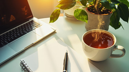 Embrace tranquility with this image of a cozy workspace. A laptop sits alongside a steaming mug of tea, a vibrant plant, and a notepad, creating a sense of calm. Perfect for illustrating concepts of work from home, freelance work, relaxation, and wellbeing, this image showcases a bright, modern home office setting. Use it to convey inspiration, creativity, or the simple pleasure of a peaceful morning or afternoon break.の素材
