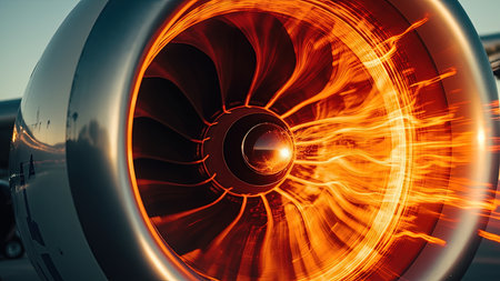 A powerful and dynamic close-up showcases a modern turbine engine in action. Fiery orange light emanates from within, highlighting the intense combustion and raw power of this aerospace marvel. The metal construction gleams, reflecting the heat and energy of the flame within. This detailed image, perfect for projects related to aviation, technology, or industry, evokes motion, speed, and the efficient design of modern aircraft engines. Ideal for illustrating air travel, propulsion, or futuristic concepts.の素材