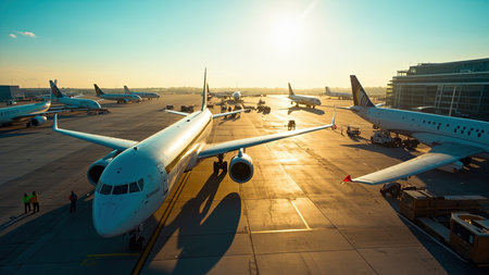 Capture the vibrant energy of air travel with this stunning aerial view of an airport during the golden hour. Numerous airplanes and aircraft sit on the tarmac and runway, bathed in warm sunlight. This image showcases commercial airliners, including models like Boeing and Airbus, preparing for departure and arrival. Ideal for illustrating the travel industry, aviation, air travel, or concepts of travel, transportation, and international travel, this photo evokes feelings of vacation, business travel, and exciting travel destinations.の素材
